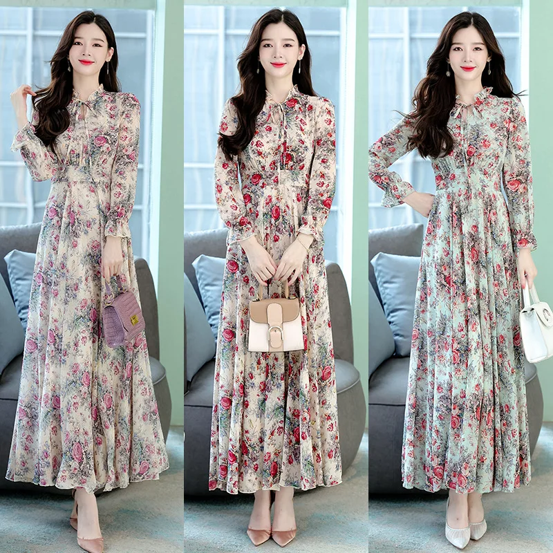 Muslim Spring Autumn Floral Chiffon Ruffled Collar Maxi Dress Women Chic Casual Beach Dresses 2023  muslim long dress women