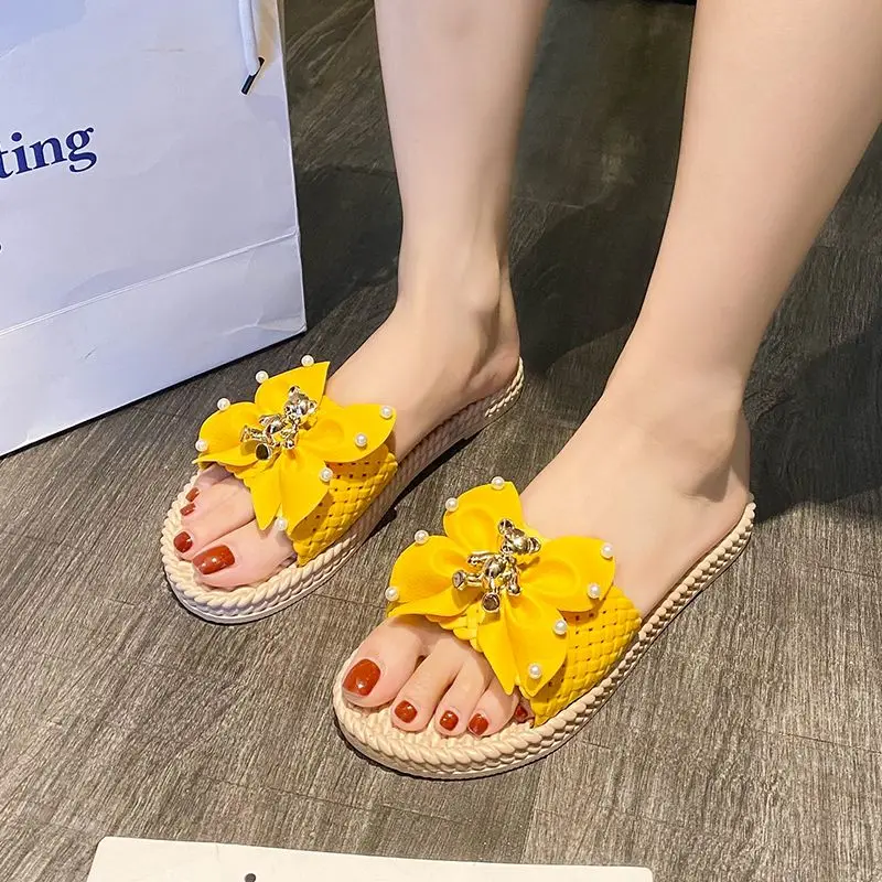 Women  Bohemia Flip Flops Floral Bow Sandals Flax Slippers Summer Casual Slides Beach Shoes Ladies Indoor Linen Slippers