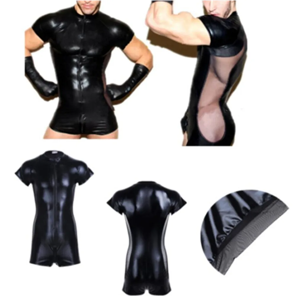 

Черный латексный костюм-кошка, кожаные мужские комбинезоны, Стрейчевые Комбинезоны из ПВХ и сетки, сексуальная клубная одежда, мужской вини...