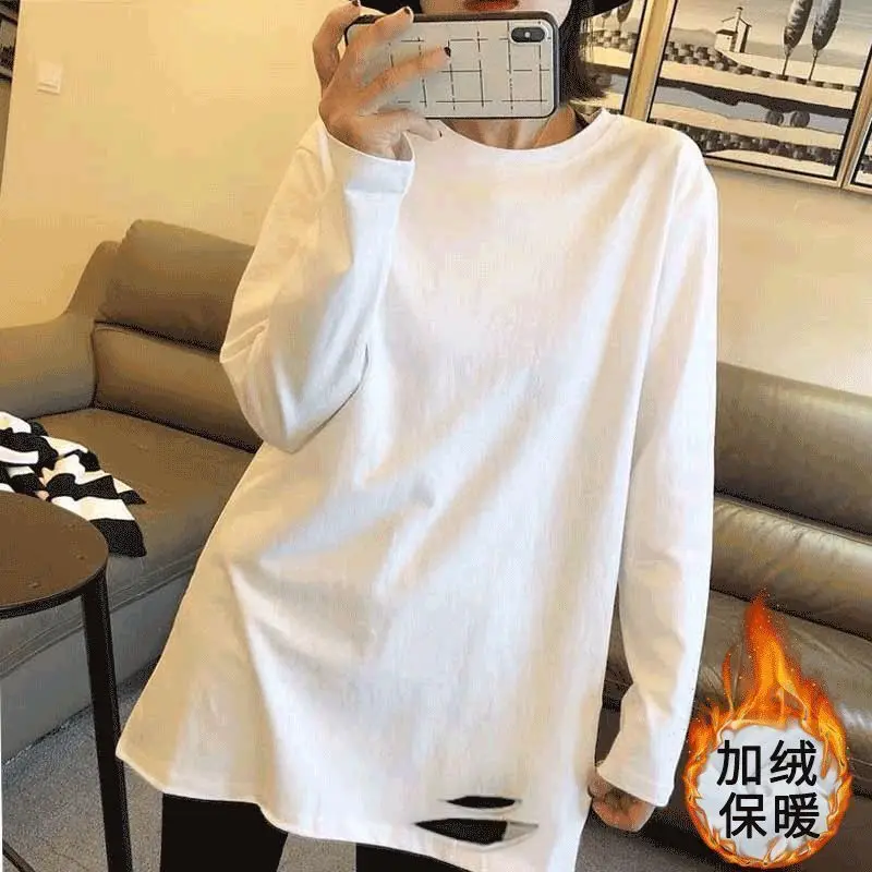 Женские футболки белая Весенняя футболка с дырками женские топы длинным рукавом