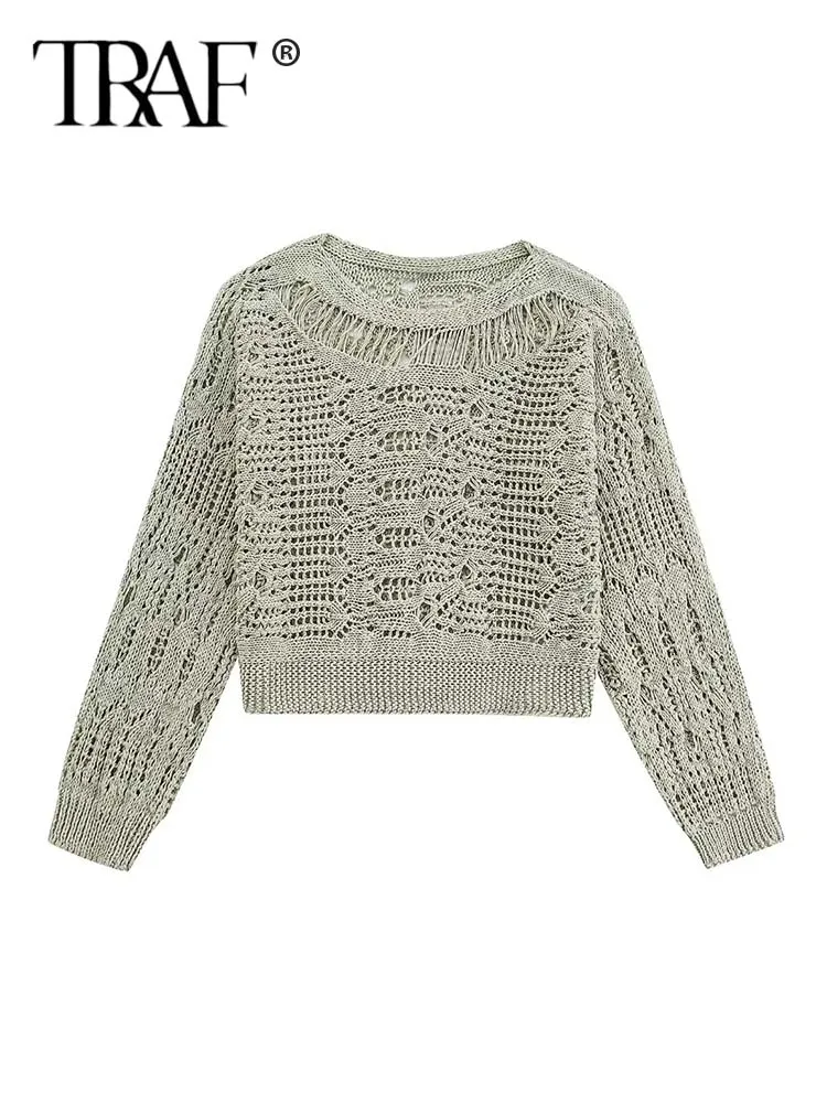 

TRAF Women's Crochet Blouse Cut Out Knitted Green Blouses Women Long Sleeve Elegant Summer Blouses Woman See Through Crop Top