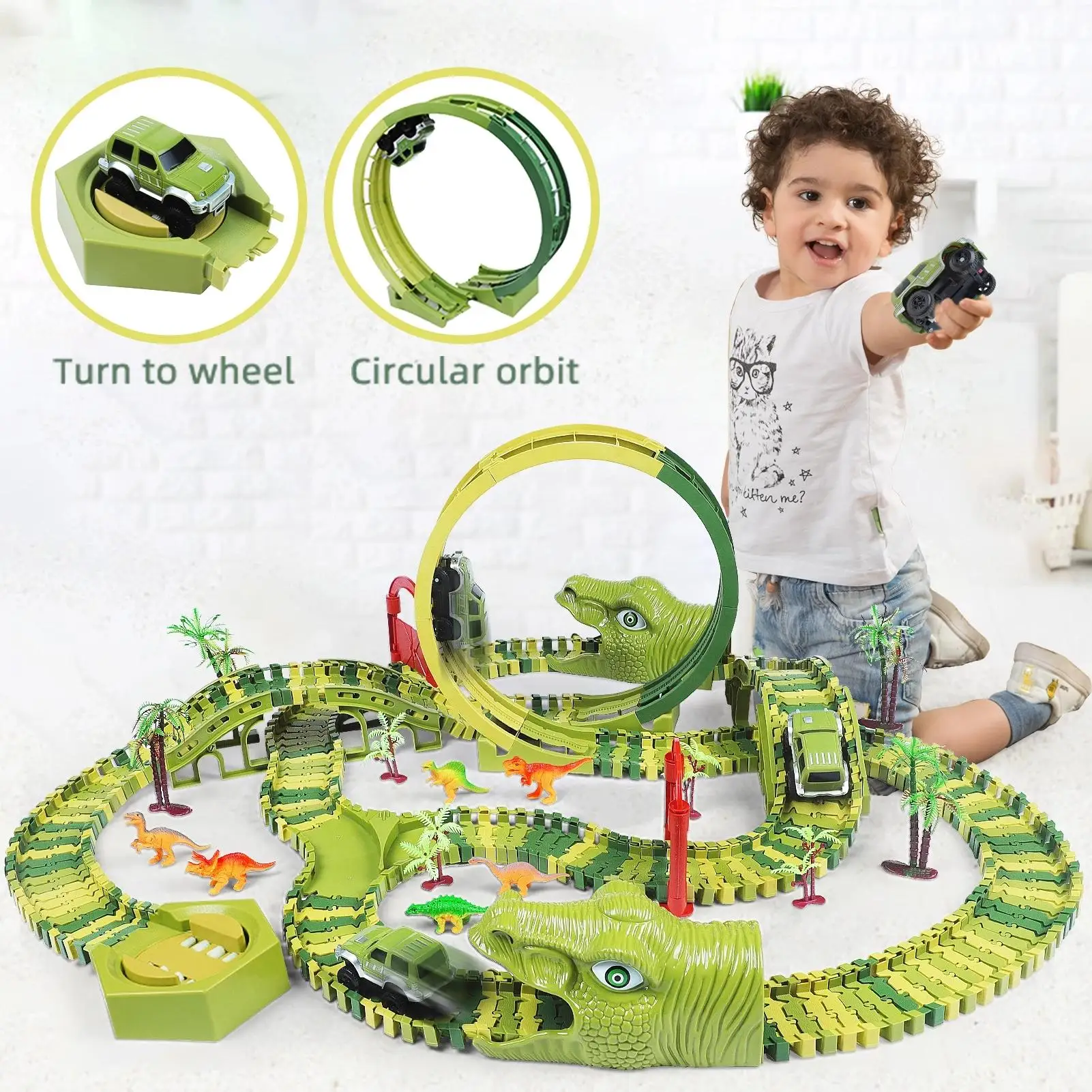 

Hot Dinosaur Toys Car Track Racing Track Set Educational Bend Flexible Race Track Railway Flash Light Car Model Kids Toys Gifts