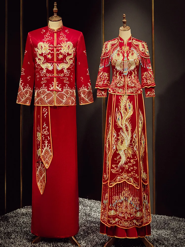 Chinese Style Exquisite Dragon Phoenix Embroidery Bride Wedding Dress Marriage Set Costume Oriental Toast Clothing