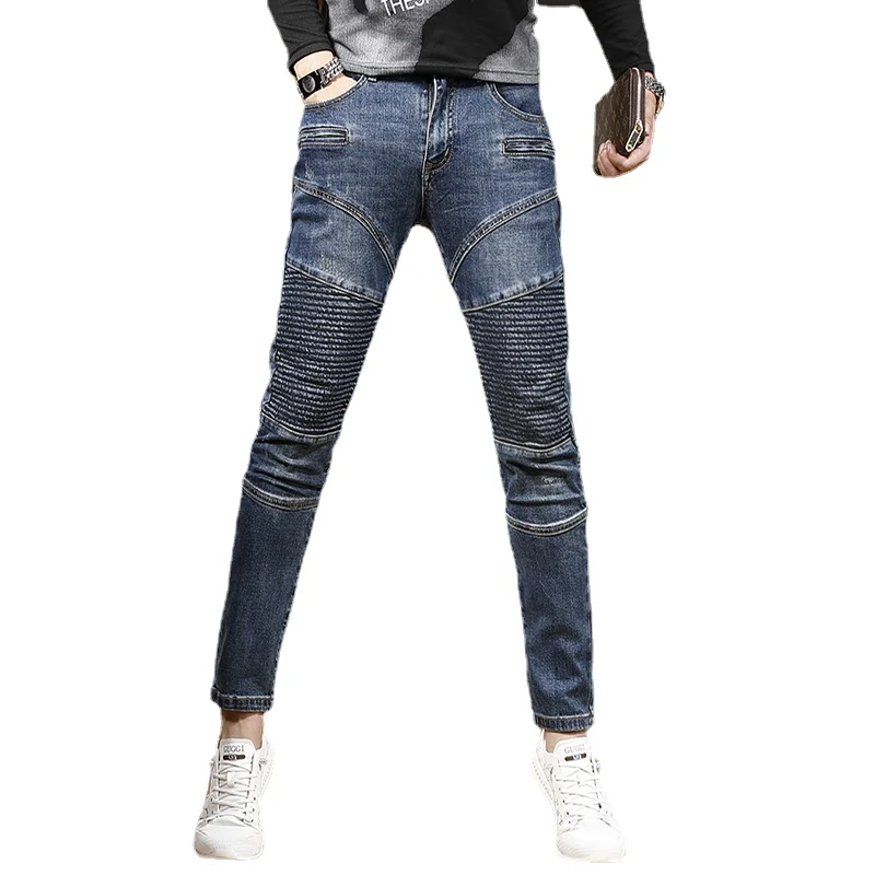 Autumn Blue Patchwork Jeans Men Streetwear Biker Slim Fit Pencil Pants Fashion Casual Stretch Denim Trousers