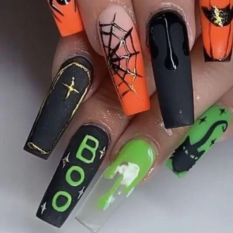 Фото Nail Art Хэллоуин Nail Piece 2024, носимые длинные INS Style Horror Spider Web Nail Piece Nail Art Patch Готовый продукт №1