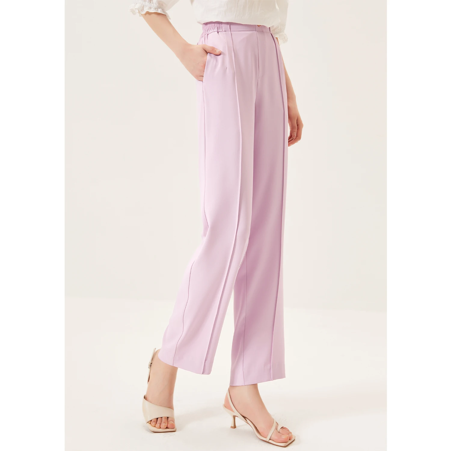 

SHUCHAN Trousers Pants Women Polyester Spandex Floor Length Office Lady Korean Elastic Waist Summer