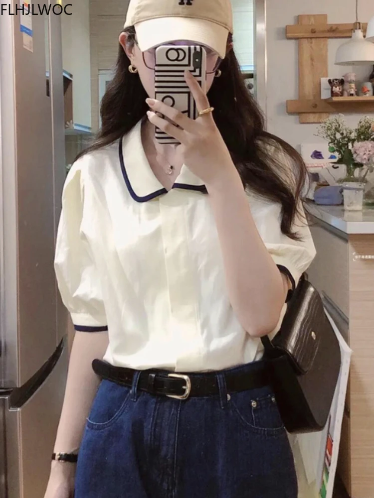 

2022 Cute Sweet Girls Women Short Sleeve Button Peter Pan Collar Tops Blusas Preppy Style Retro Chic Korea Japan Shirts