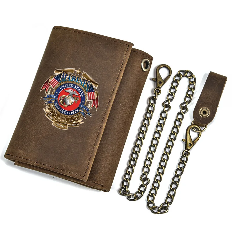 High Quality Men Genuine Leather Wallet Anti Theft Hasp With Iron Chain America Marines Badge Cover Card Holder Short Purse