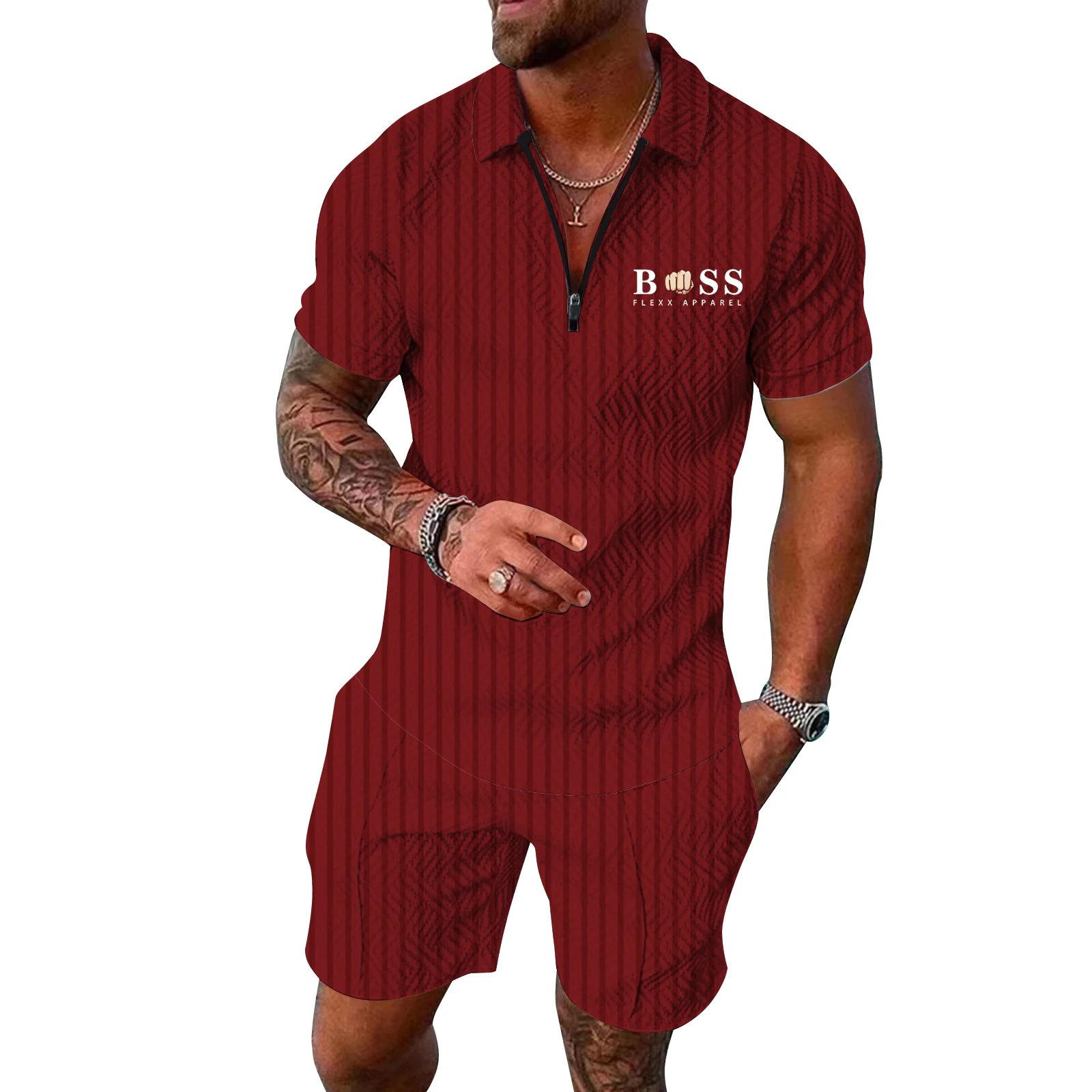 Men's Polo Suit Fashion Men Sets Mens Solid Color Summer V-neck Zipper Short Sleeve POLO Shirt+Shorts Two Pieces Men Casual Suit