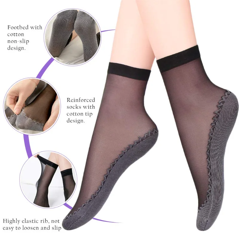 10Pairs Women Soft Socks Casual Non-Slip Bottom Splice Spring Autumn Transparent Ladies Girls Velvet Breathable Thin Silk Sock