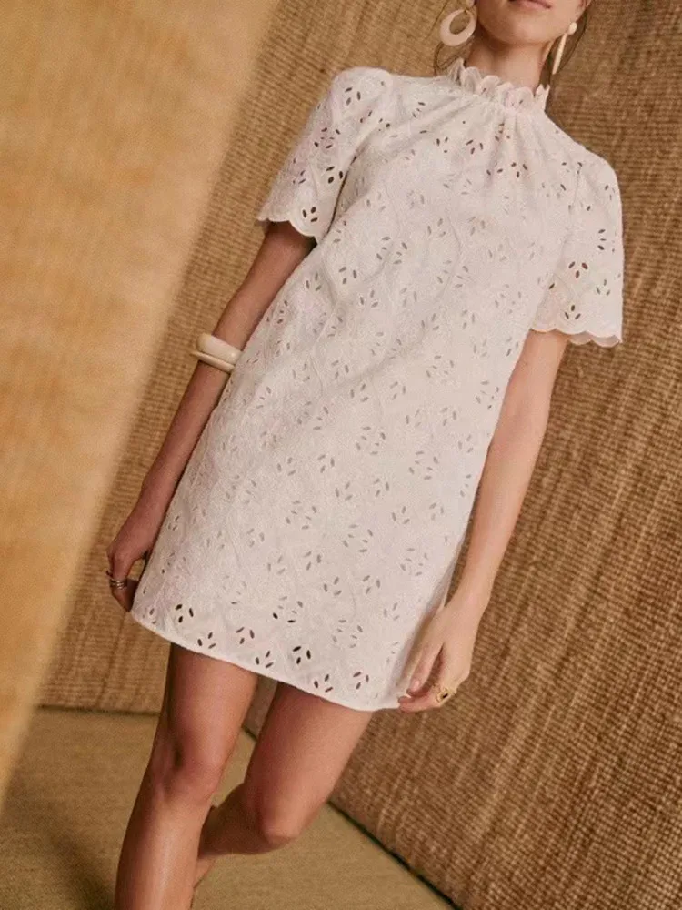

Women Hollow out Mini Dress Ruffled Embroidery Short Sleeve Female Temperament Robes 2022 Summer