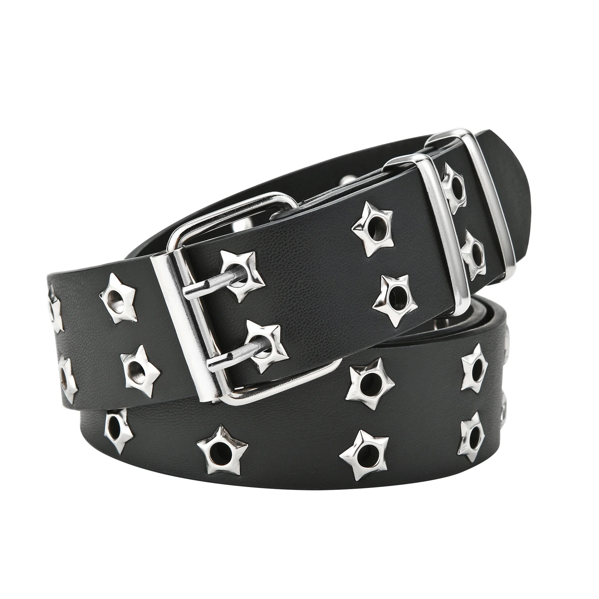 

NEW Star Eye Rivet Belt ot Style Double Pin Buckle Man/woman Fasion Casual Puck Style Pu Leater Waisand for Jeans Youn