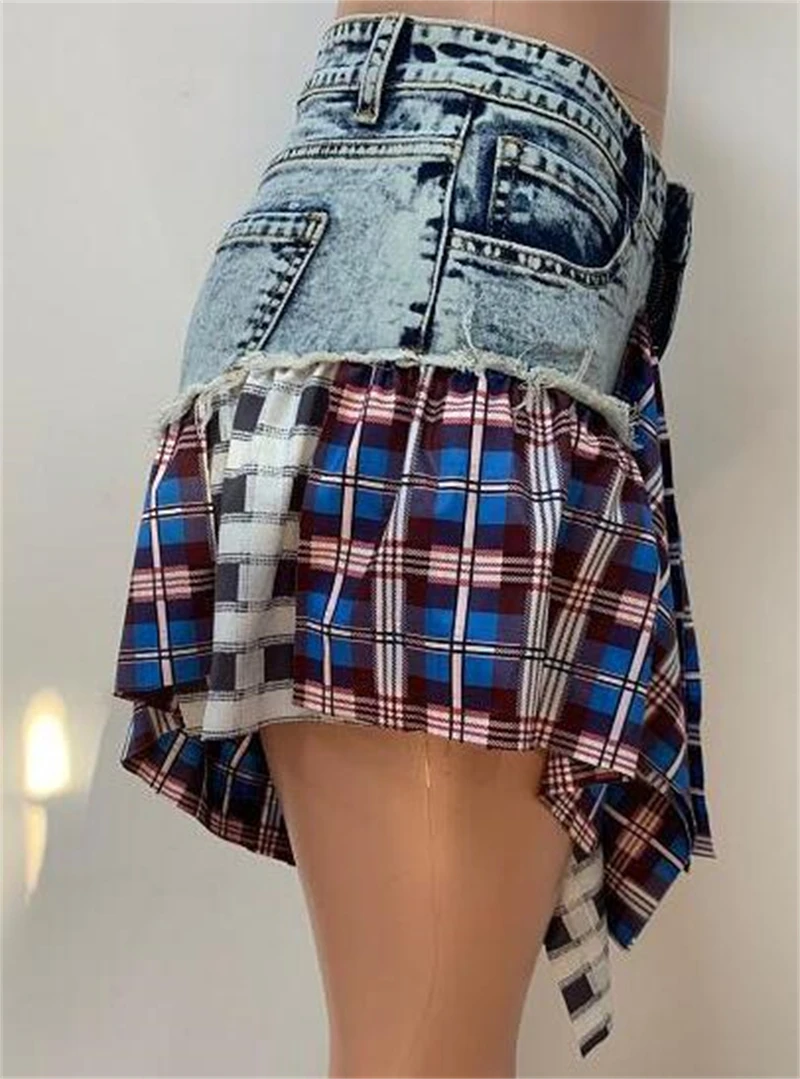 Plaid Patchwork Ruffles Jeans Skirts Shorts Women Summer High Waist Button Fly Pockets Fashion Casual Culotte Streetwear