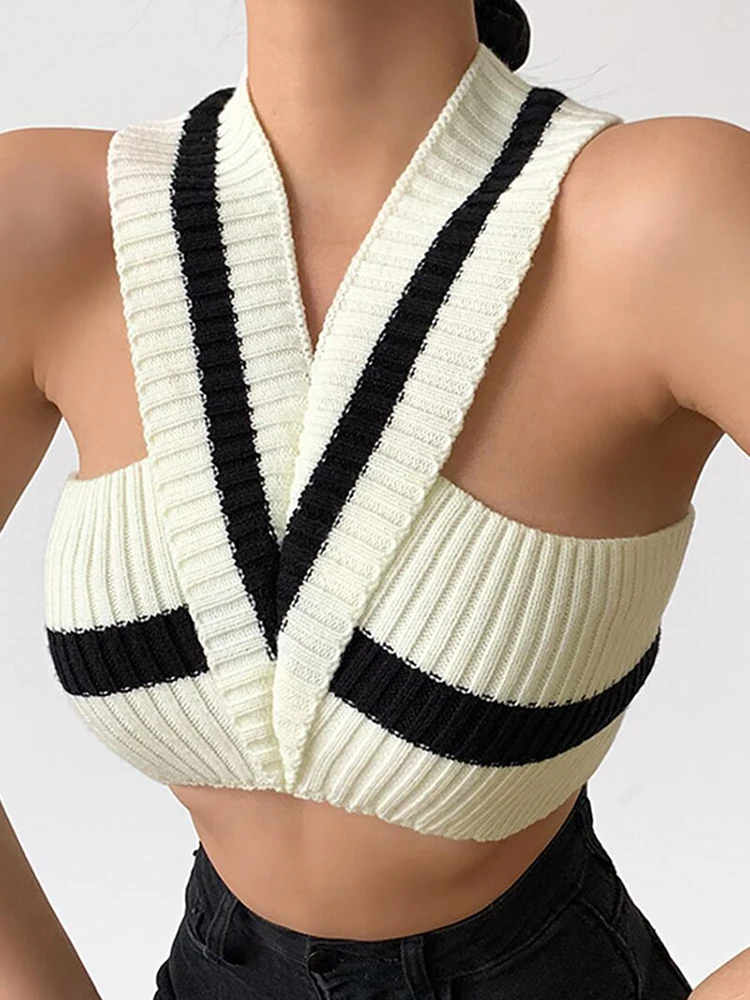 ZOKI Sexy V Neck Women Crop Tops Knitted Summer Halter Neck Sleeveless Streetwear Camis Designed Striped Female Tanks New