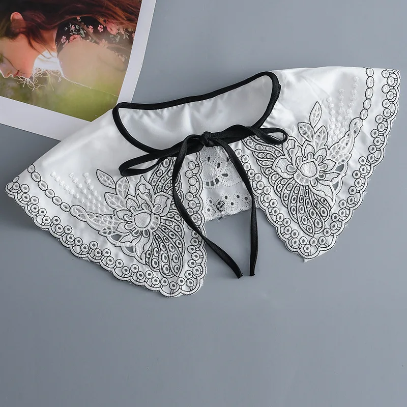 

Sitonjwly Women Embroidery Shirt Fake Collar Lapel Floral Flase Collar Small Shawl Scarf Cape Girls Shirt Lace Detachable Collar