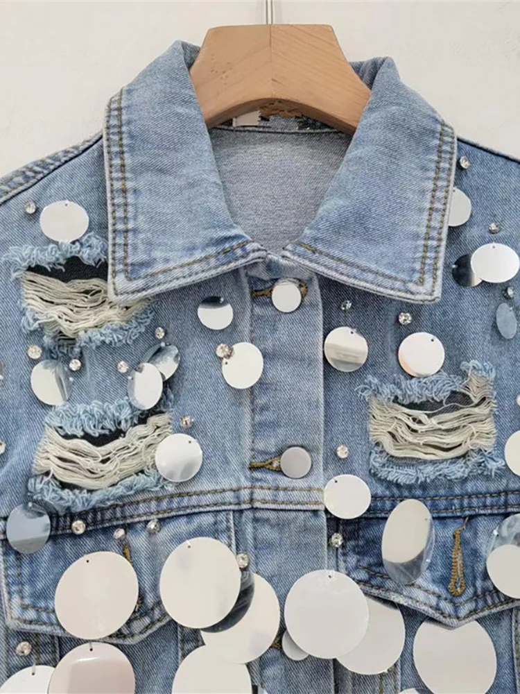 Женская джинсовая куртка DEAT короткая однобортная составного кроя с блестками и