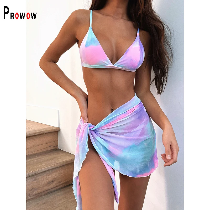 

Prowow Women Bikini Set Tie Dye Push Up Sexy Bathing Suits Bra Panty Skirt Three Piece Female Swimsuits Mesh Cover-ups Beachwear