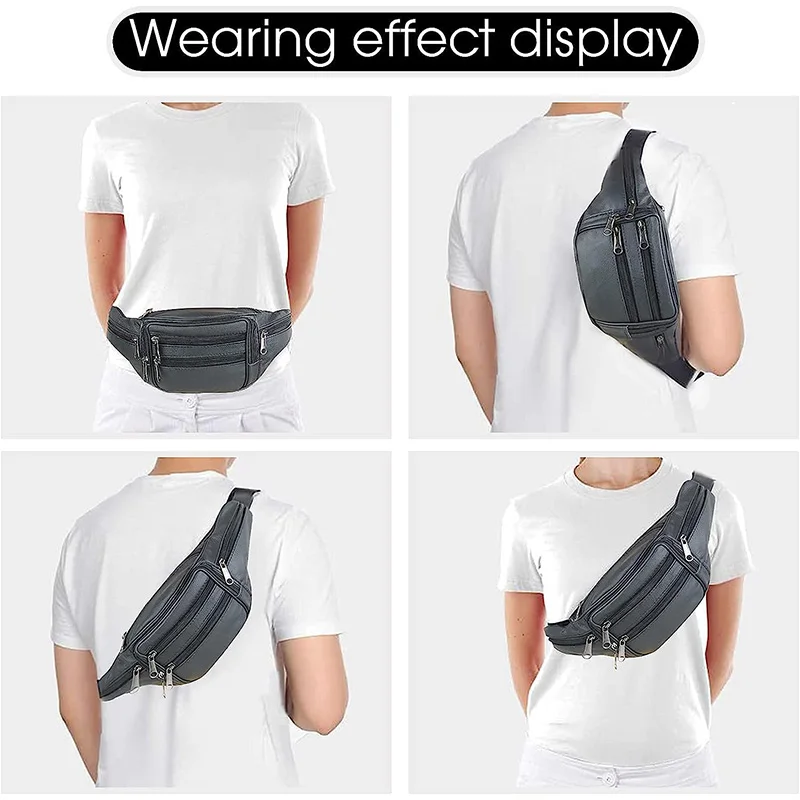 Genuine Leather Fanny Pack for Men Outdoor Travel Waist Bag Cowhide Large Size 7 Pockets Chest Bags Phone Pouch Running Camping