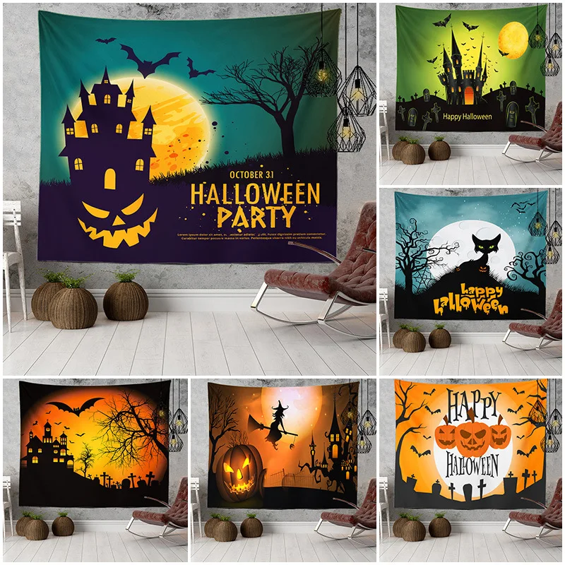 

Happy Halloween Tapestry Horror Ghost Pumpkin Wall Hanging Festive Party Tapestries Wall Art for Dorm Bedroom Living Room Decor