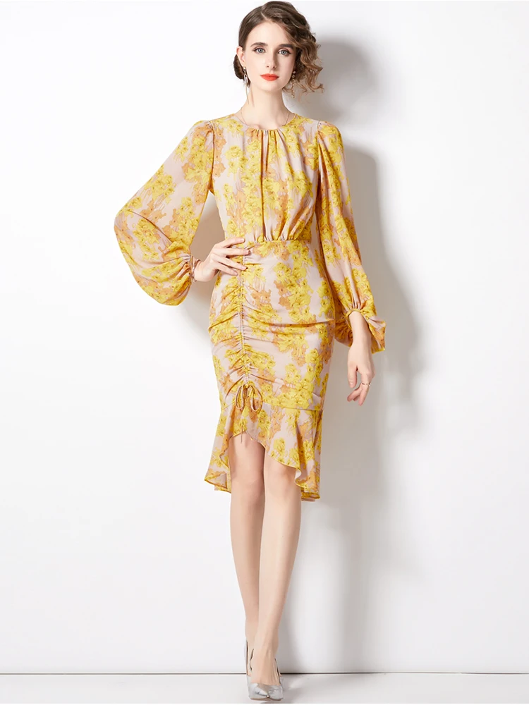 

Женское дизайнерское платье-русалка, подиумное элегантное облегающее платье миди с рукавами-фонариками и цветочным принтом, платье с завыш...