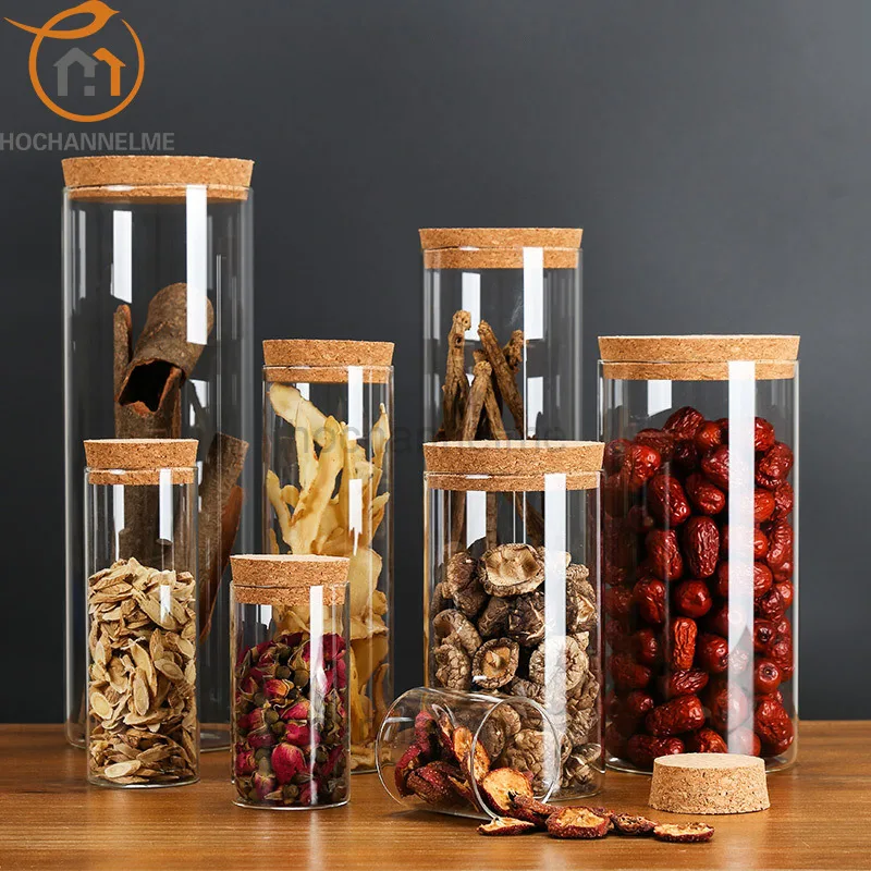 1 Piece Glass Sealed Cans With Cork Lid Candy Tea Food Storage Cans Condiments Organizer Jars For Spices High Borosilicate