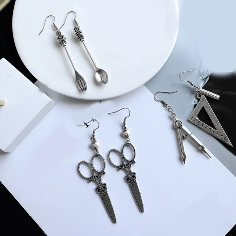 

Harajuku Earrings Women Girl Jewelry Creative Funny Personality Compasses Set Square Drop Earrings Alloy Scissors Fun