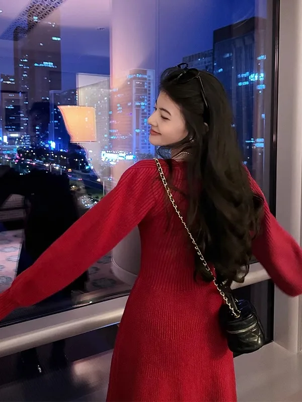 Малуань Рождество Новый год помолвка красное платье свитер зимняя вязаная юбка