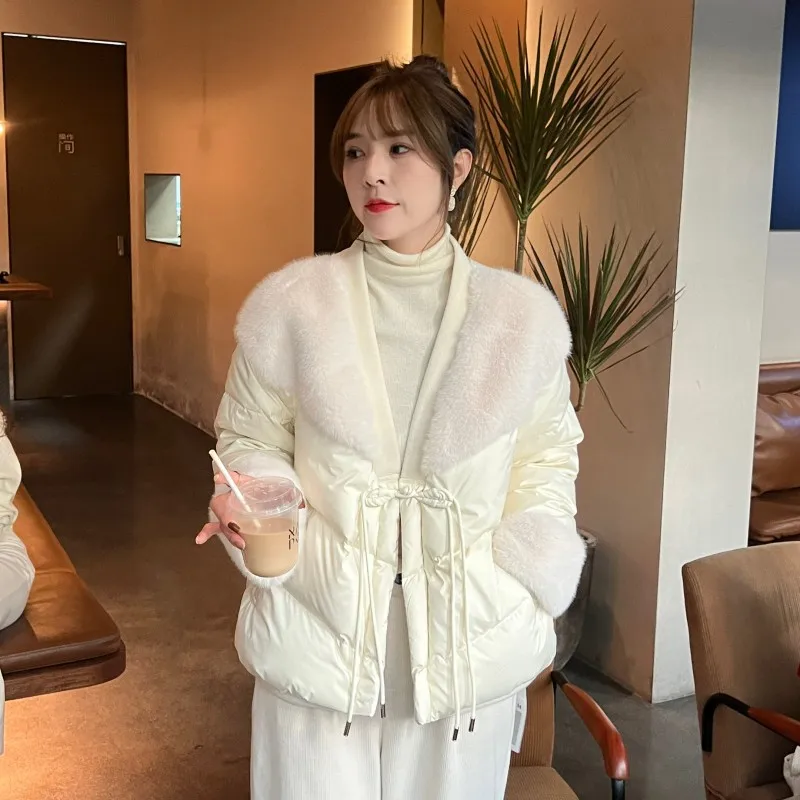 

Женская короткая куртка на утином пуху, розовая, черная, белая ветрозащитная уличная куртка с V-образным вырезом, 2023 Пух белой утки, 90%