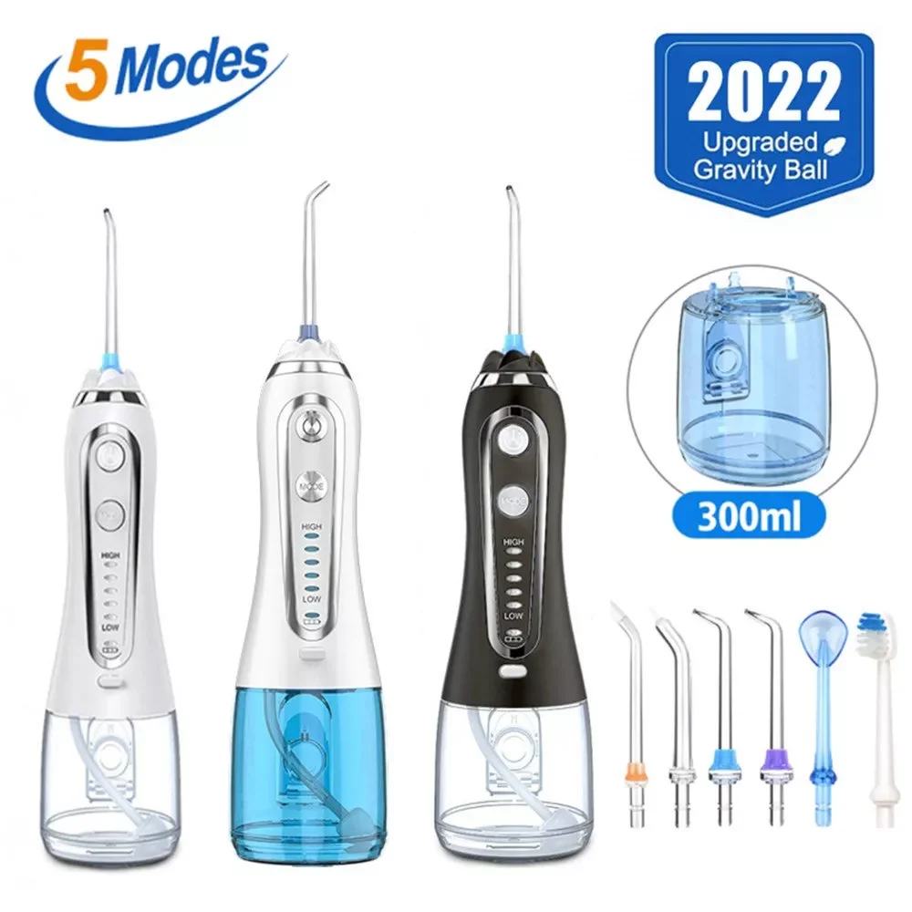 Enlarge 5 Modes Portable Oral Irrigator USB Rechargeable Dental Water Flosser Jet 300ml Irrigator Dental Teeth Cleaner+5 Jet Tips &