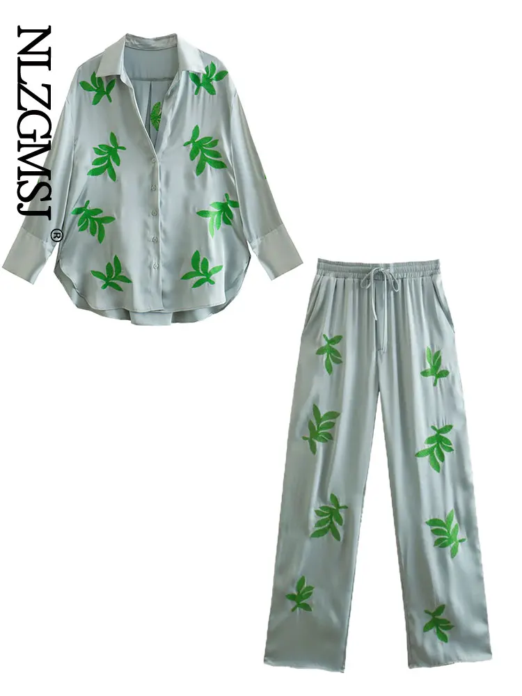 

Nlzgmsj Za Women Printed Leaf Embroidered Shirt + Versatile Stretch Waist Embroidered High Waist Straight Casual Pants