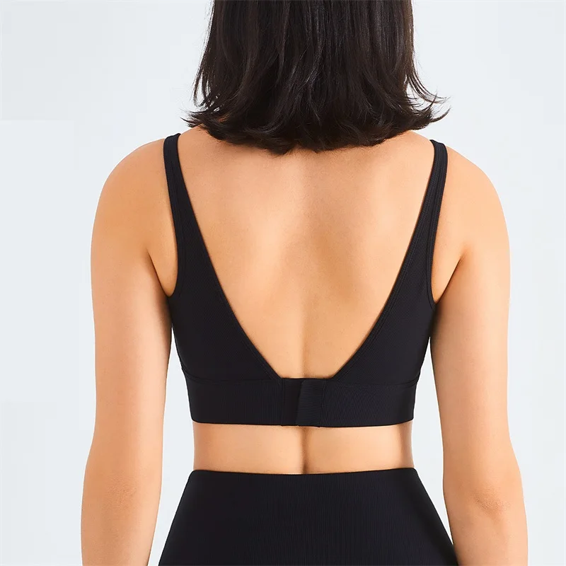 Solid Color Fitness Bra Ribbed Square Neck Back Buckle Gym Tights Sexy Sport Tank Top Soft Shockproof Tight Tank Female Bralette