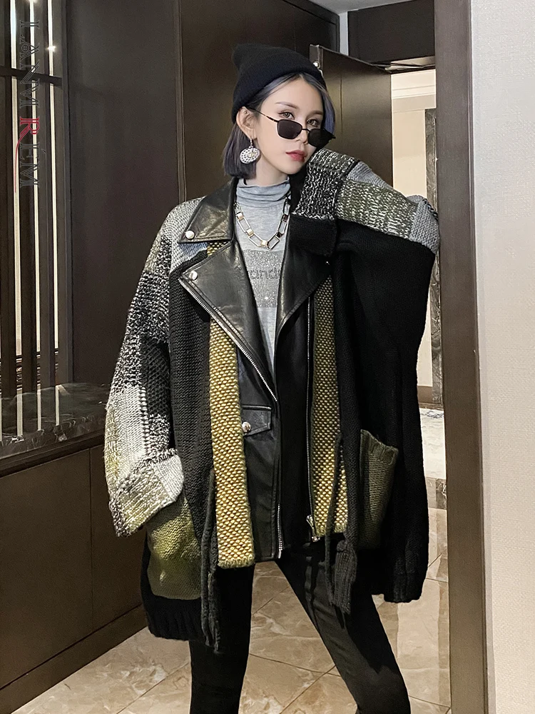

LANMREM PU Leather Patchwork Knitting Jacket Women's Medium Length Loose 2022 Autumn Winter Heavy Motorcycle Coats Female 2R4280