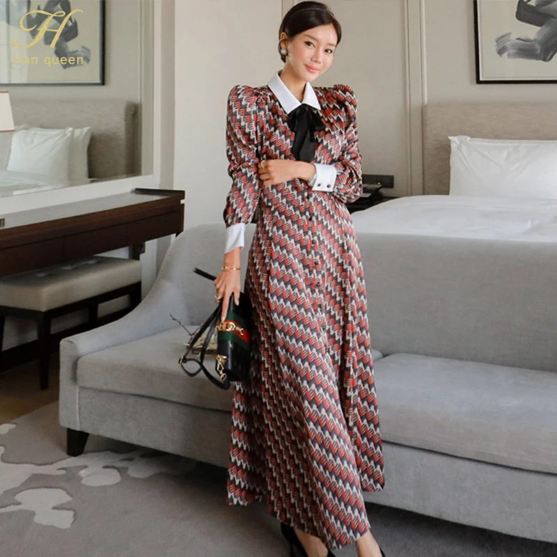 

H Han Queen Women's New Elegant Runway Long Dress Bow A-line Dresses OL Elegant Work Wear Business Party Patchwork Shirt Vestido