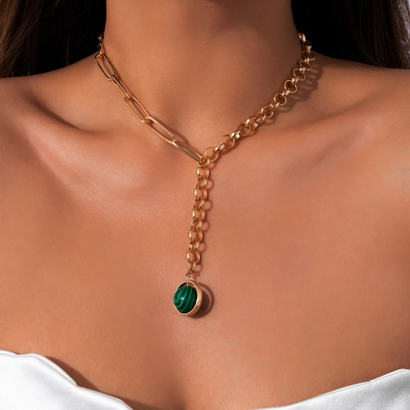 

Modern Jewelry Green stone Pendant Necklace 2022 New Trend Asymmetrical Chain Necklace For Women Party Gifts