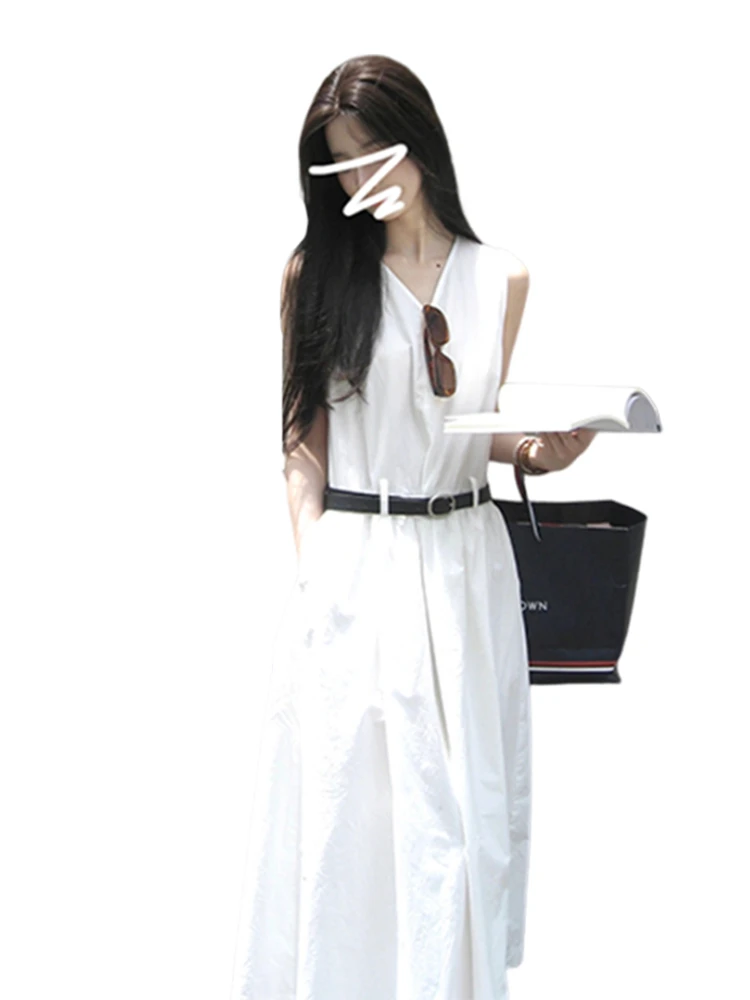 Белое платье без рукавов с V-образным воротником Cold Sle женское лето 2023 Новое