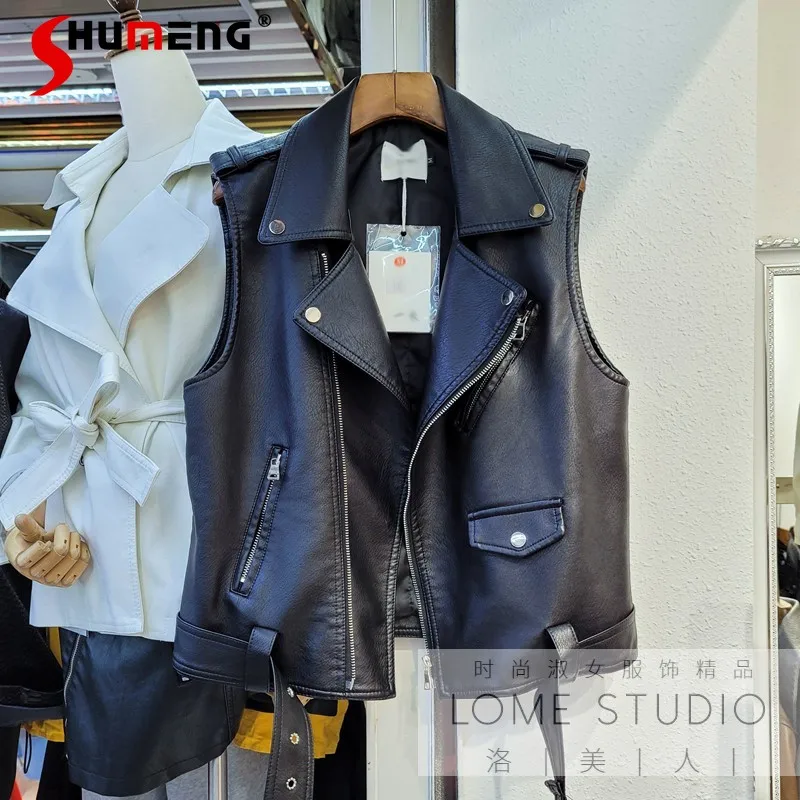 

Fall 2022 New Suit Collar Pu Vest Waistcoat Vest Motorcycle Jacket Leather Coat Vest Women