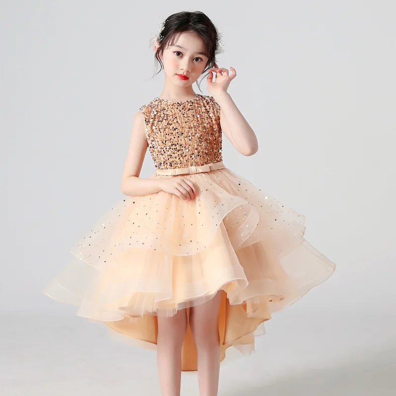 

Girls dress 2023 new summer Sleeveless sequins Trailing Mesh Princess Dress teen beauty pageant Kids Dresses for Party Wedding