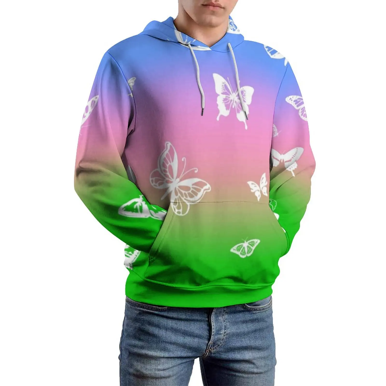 

Blue Pink Ombre Casual Hoodies Couple White Butterflies Hip Hop Hooded Sweatshirts Long Sleeve Street Fashion Oversized Hoodie