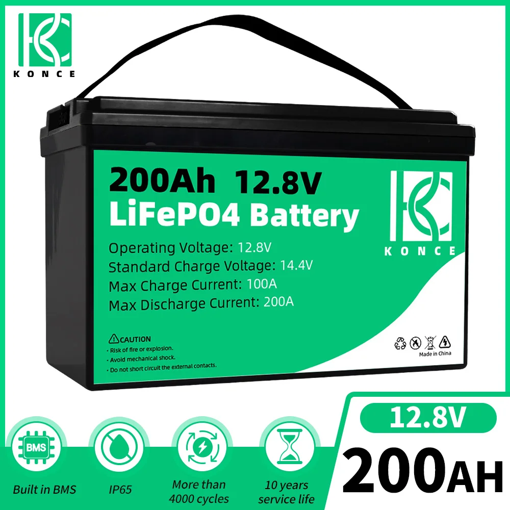

12V 200Ah Lithium Iron Phosphate Deep Cycle Battery Pack Rechargeable LiFePO4 Battery Over 4000 Cycles Built in BMS For RV Golf