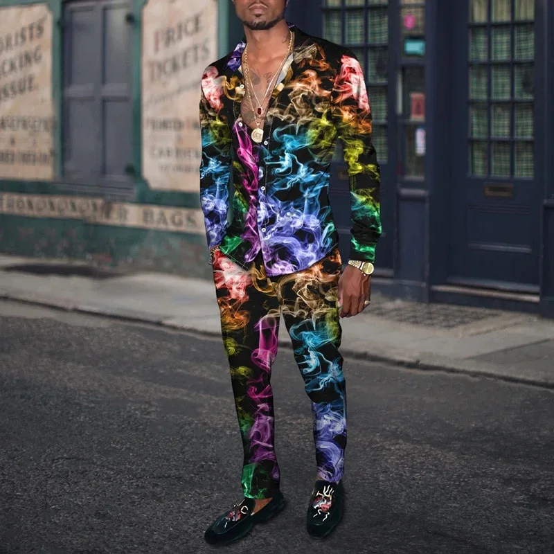 2022 autumn leisure plaid two-piece men's long sleeve lapel shirt suit pants suit fashion men's new suit men's walking suit