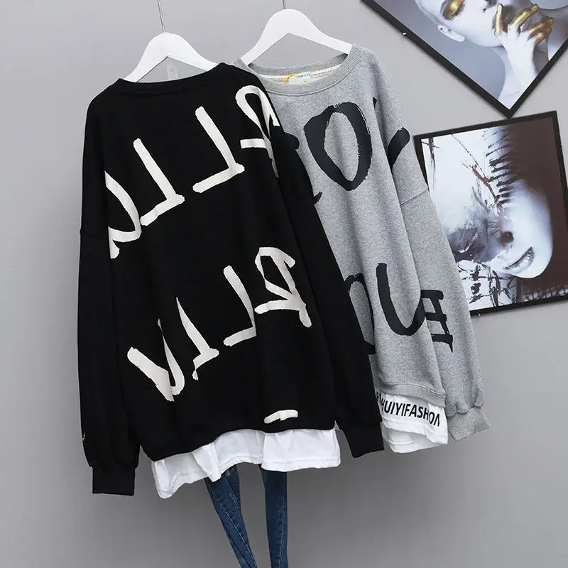Letter Print Crewneck Sweatshirt Women Spring Autumn Coat Oversized Hoodies Fashion Korean Style Kpop Long Sleeve Tops 4XL |