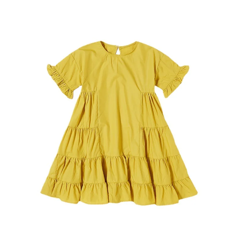 

Kids Cute Dress 2022 Girls Spring Summer Dress 100% Cotton Ruffles Teen Dress Children Baby Clothes Yellow Ruched,#6294