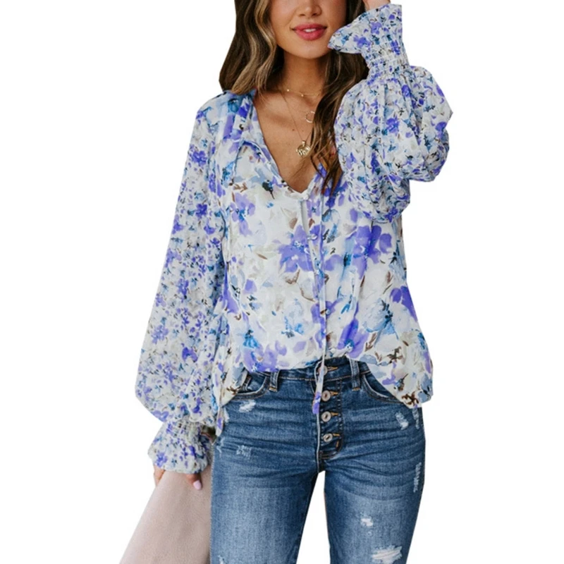 

Рубашки из полиэстера, женская Свободная блузка с длинным рукавом, уличная рубашка с V-образным вырезом, милая повседневная одежда, блузки с цветочным принтом