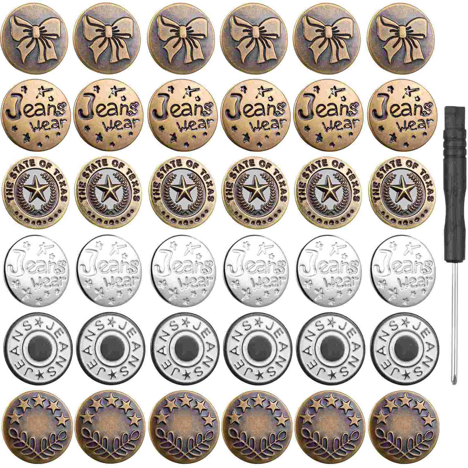 

36 Pcs Jeans Buttons Replacement Removable Metal Buttons No-Sew Denim Buttons with Screwdriver Clothing Supplies