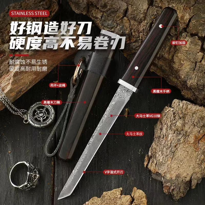 

VG10 Damascus Tanto Blade Ebony Handle with Wood Sheath Utility Tactical D2 Fixed Blade Pocket Knife Outdoor Camping EDC Tool