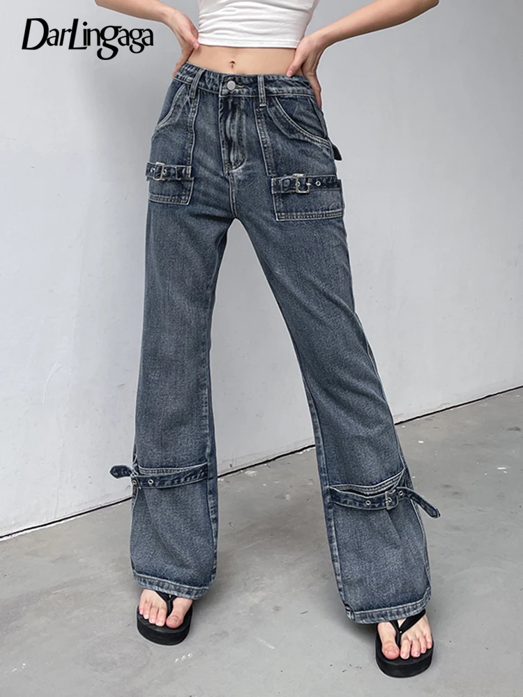 

Darlingaga Vintage Streetwear Cargo Style Flared Jeans Women Motorcycle Buckle Low Rise Pants Denim Harajuku Grunge Trousers Y2K