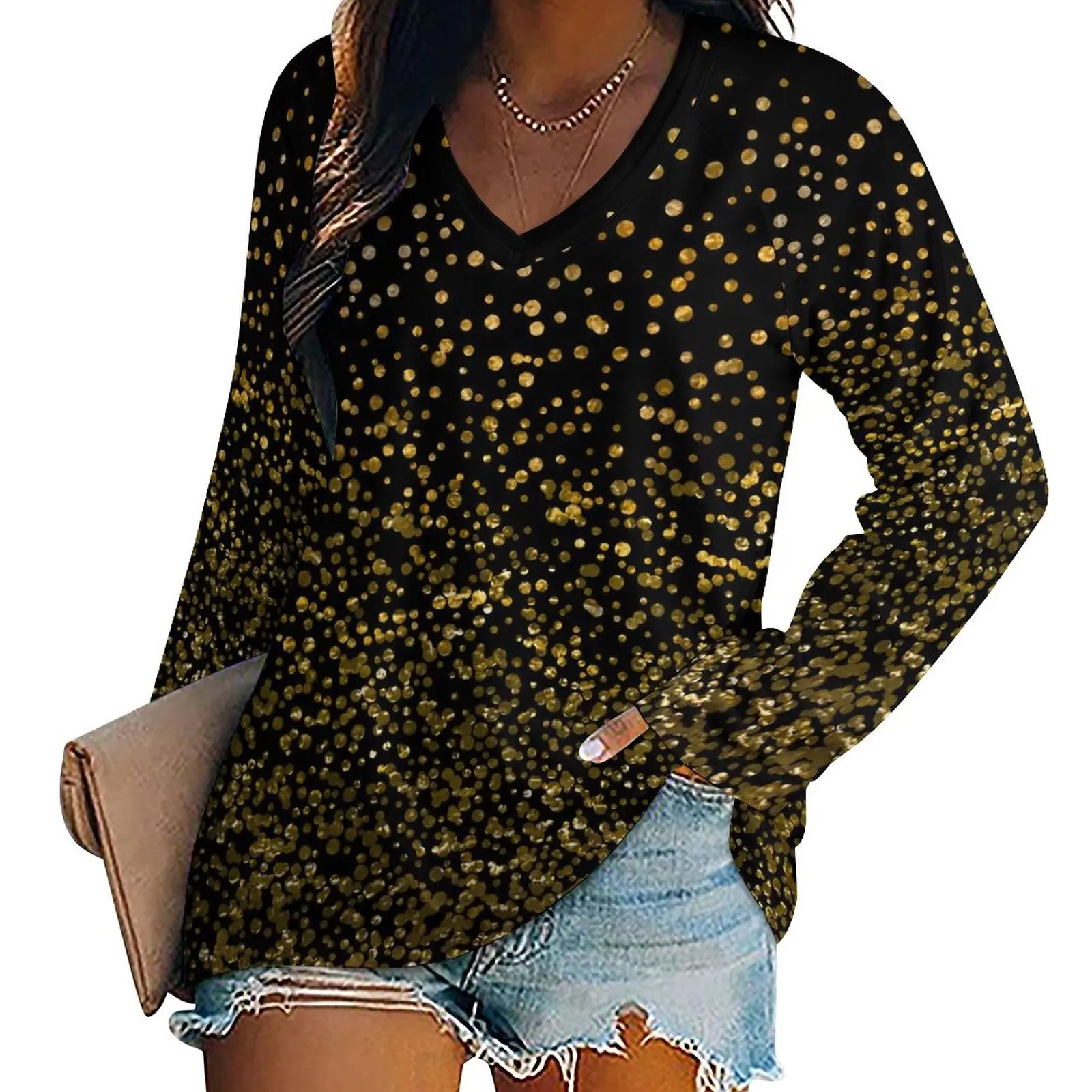 

Gold Dot T Shirts Vintage Print Pretty T Shirt Women Long-Sleeve Korean Fashion Tshirt Big Size V Neck Graphic Tees