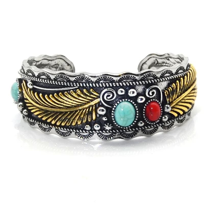 

Vintage Two Color Leaf Bracelet Navajo Style Bohemian Open Cuff Bracelet Tree Leaf Bracelet for Women Wedding Jewelry Gift