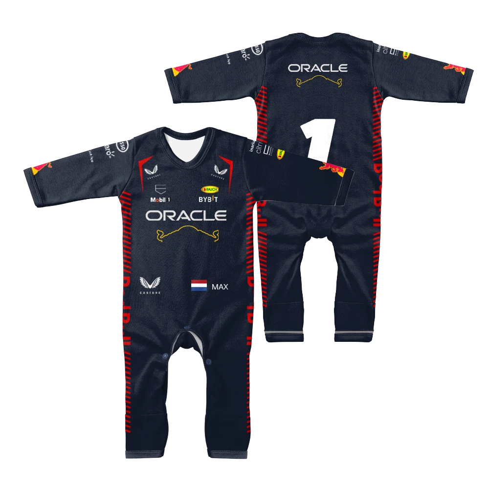 

2023 New F1 Racing Competition Outdoor Extreme Sports Red Animal Team Bull Baby Jumpsuit 3-24M Hot Sale Winner Fans Bebe Creeper