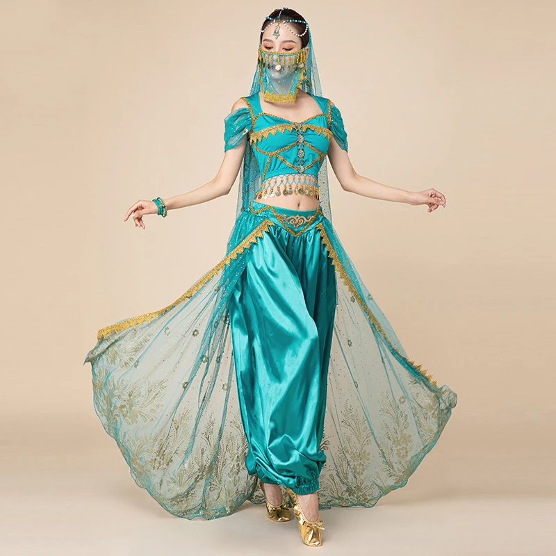 Genie Jasmine Arabian Belly Dance Princess Aladdin Fancy Dress Up Costume 5 Pieces Set (Top Pants Veil Earrings Bracelet Sari )